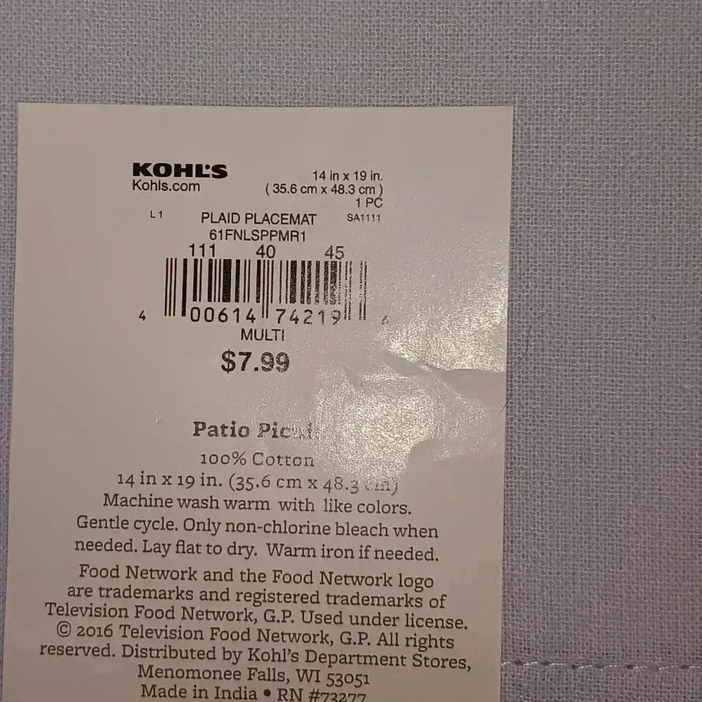 Food Network Patio Picnic placements, 4 in total, NWOT, multi color